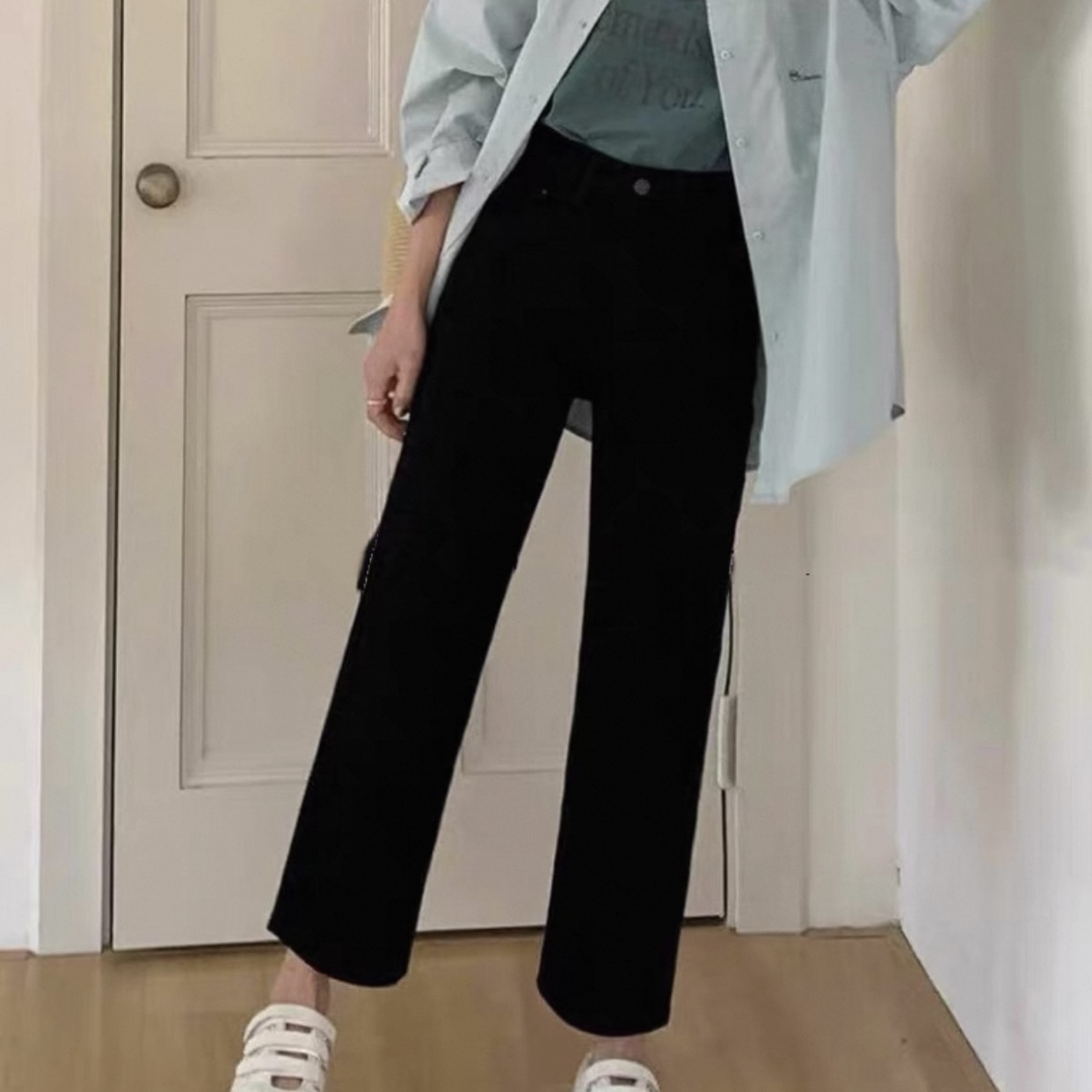 【631】直筒牛仔裤女2025夏季新款阔腿裤黑色显瘦高腰九分裤