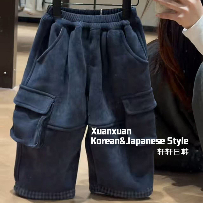 男童加绒裤子秋冬洋气灯芯绒加绒工装裤2025新款儿童休闲裤宽松裤