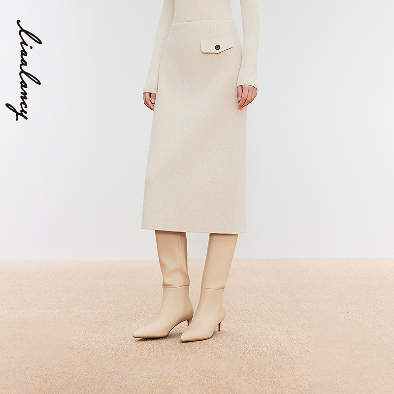 LANCY/朗姿2024冬新款羊毛高腰直筒气质中长通勤半身裙女米色半裙