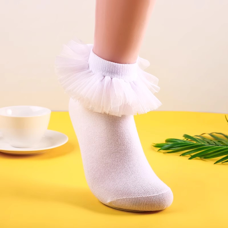 2双女袜子跳舞花边公主风袜子白色纯棉纯色儿童舞蹈袜薄款夏季