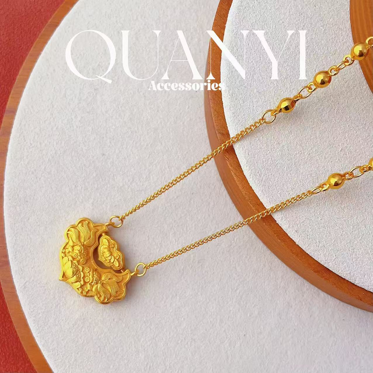 合金项链 小版双鱼锦鲤平安如意锁项链女金色百搭时尚高级轻奢