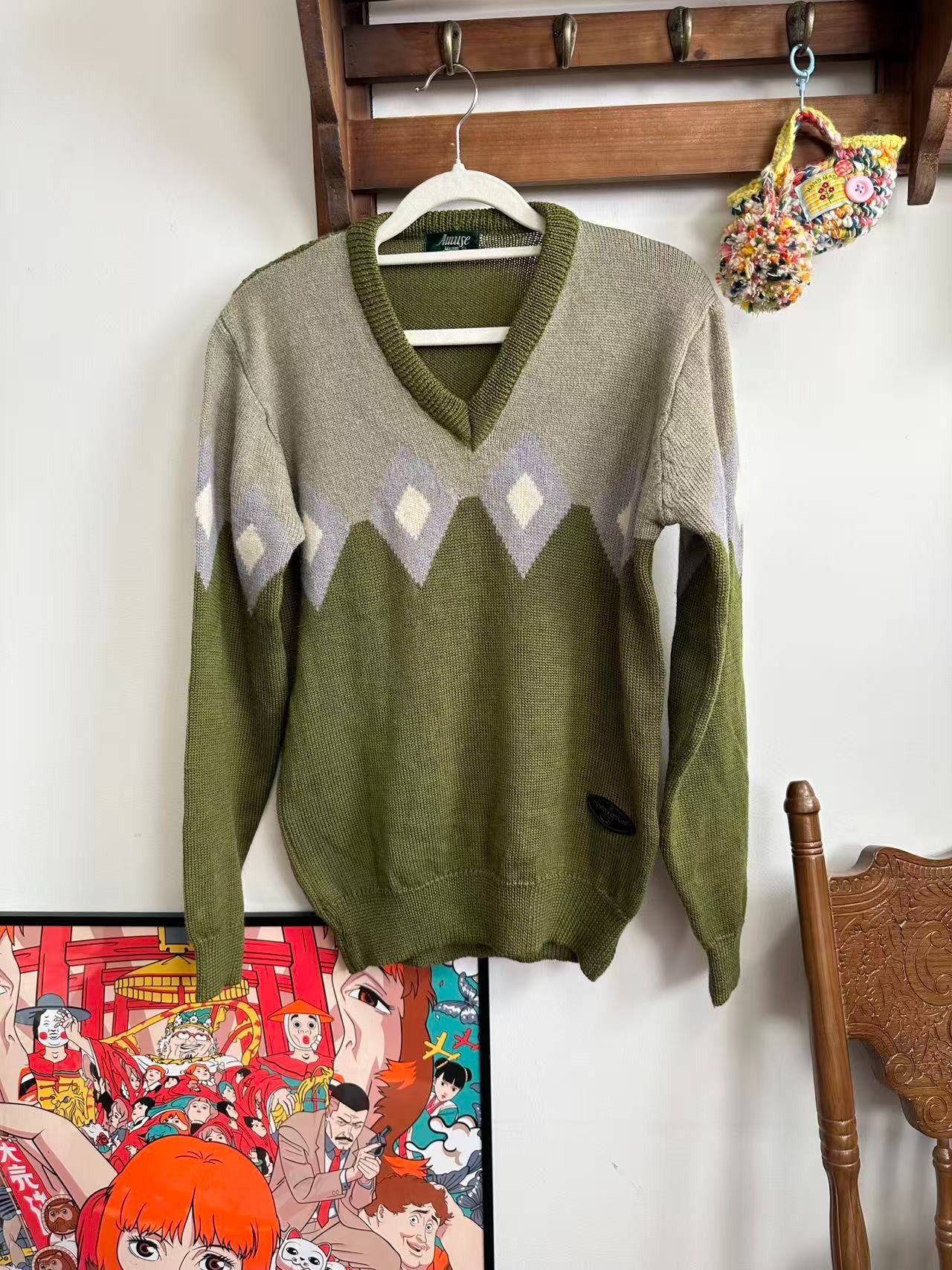 草绿V领菱格拼色毛衣【古着孤品】