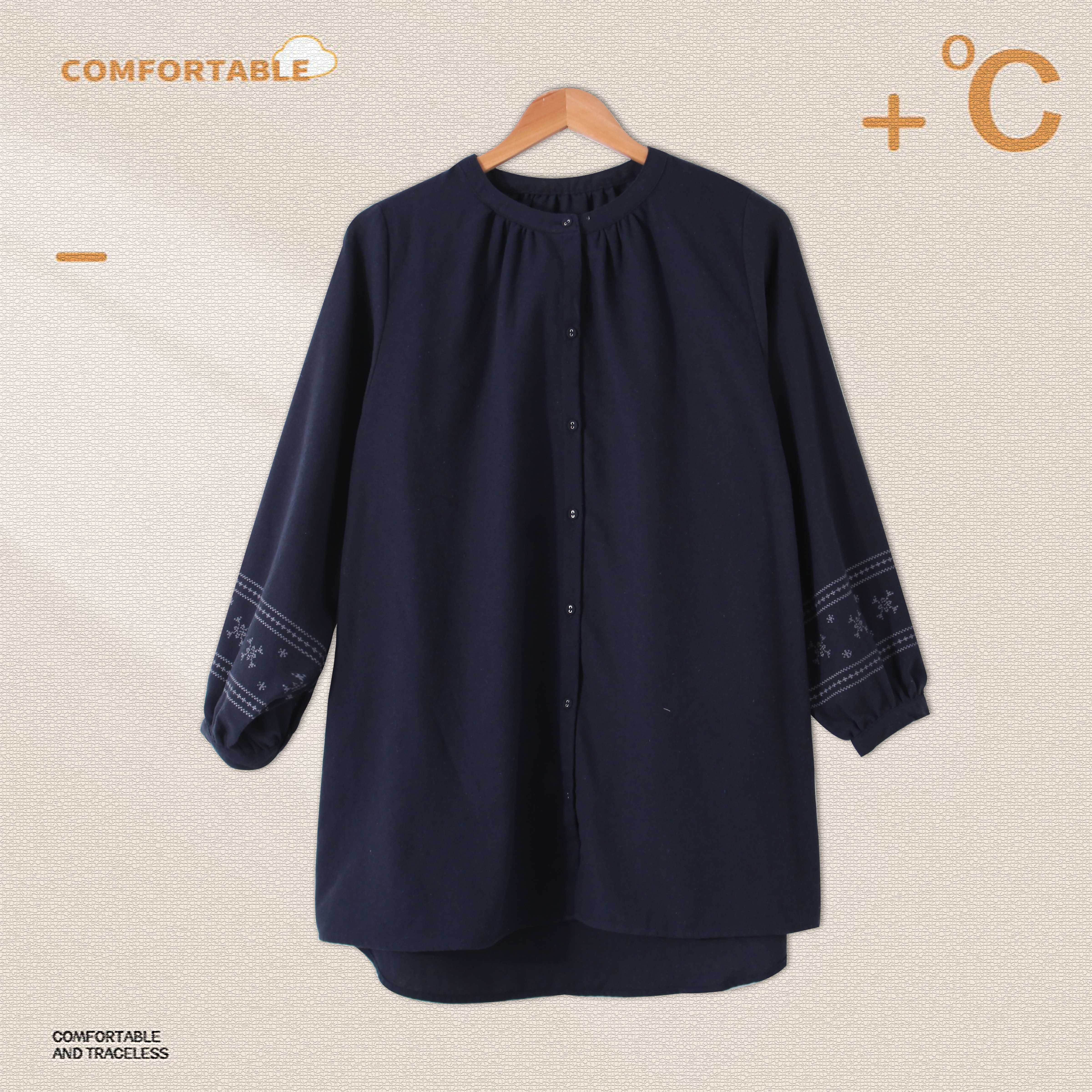 春夏季女士长袖衬衫简约刺绣圆领上衣衬衫百搭BB684时尚休闲