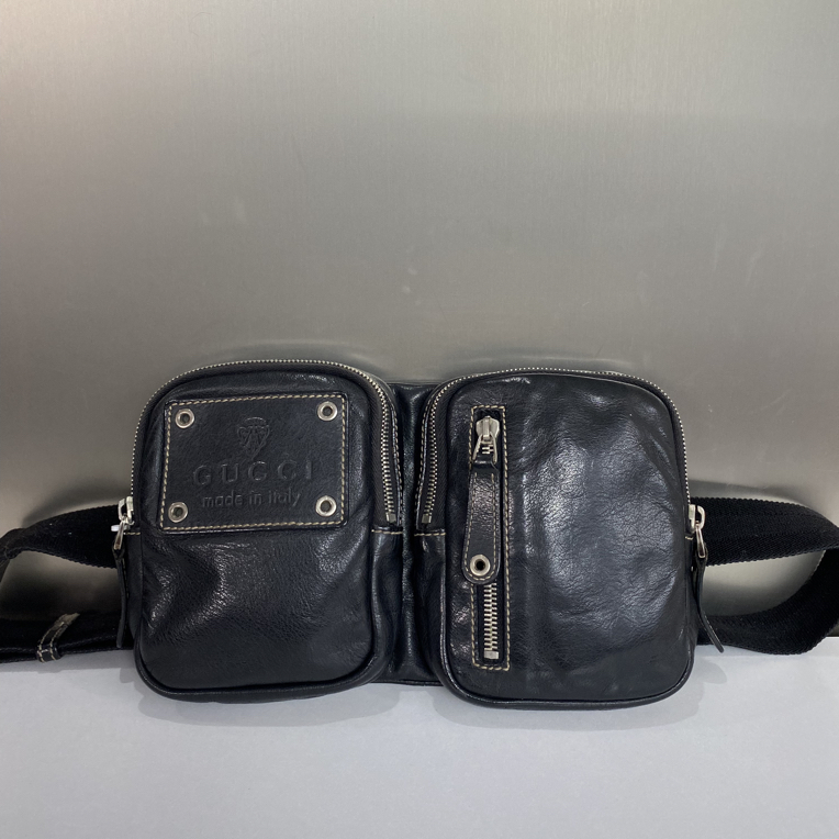 95新 GUCCI/古驰 黑色全皮压花拉链腰包男士胸包zp253
