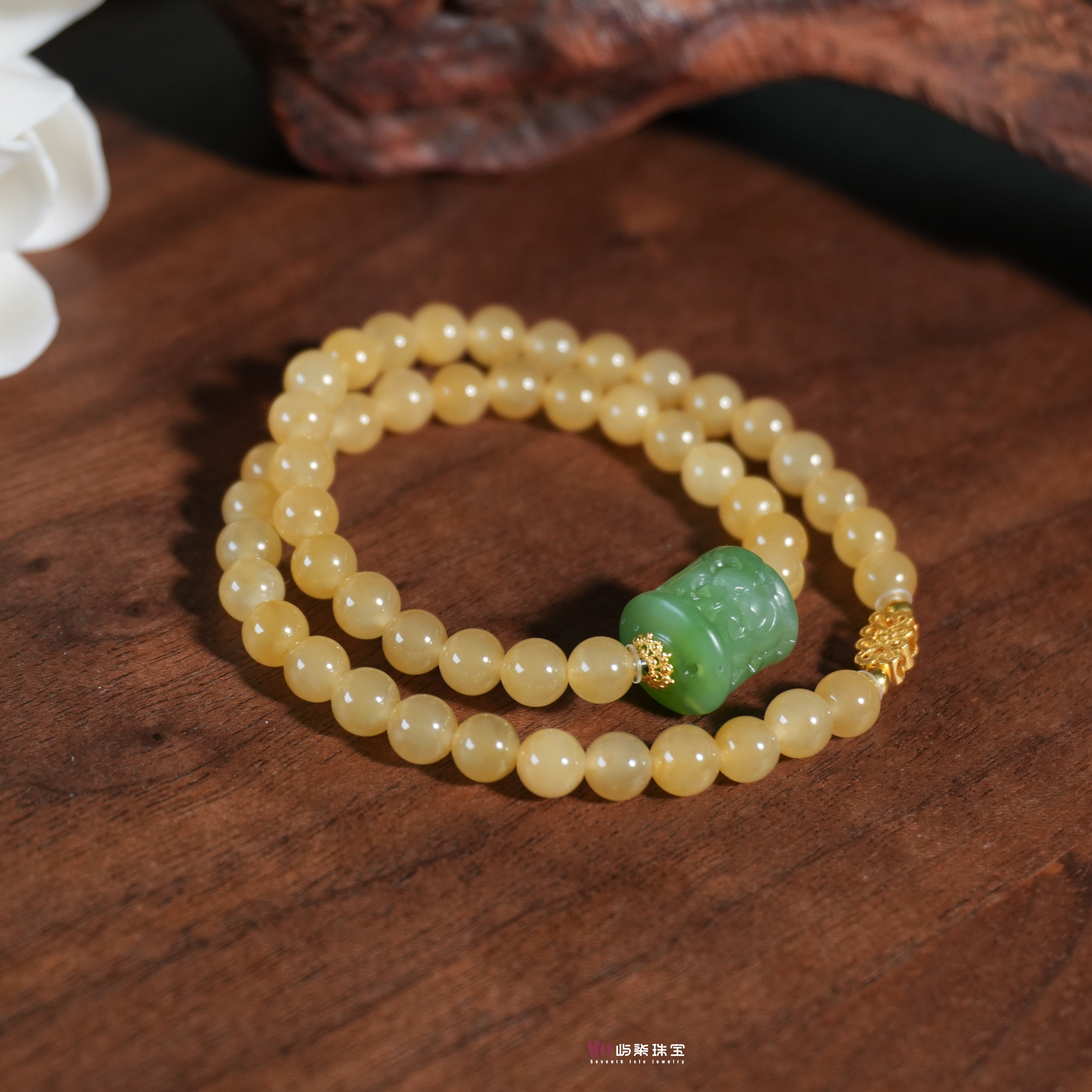 F748 |蜜卿| 和田玉18k金镶嵌 碧玉桶珠18k糖料双圈