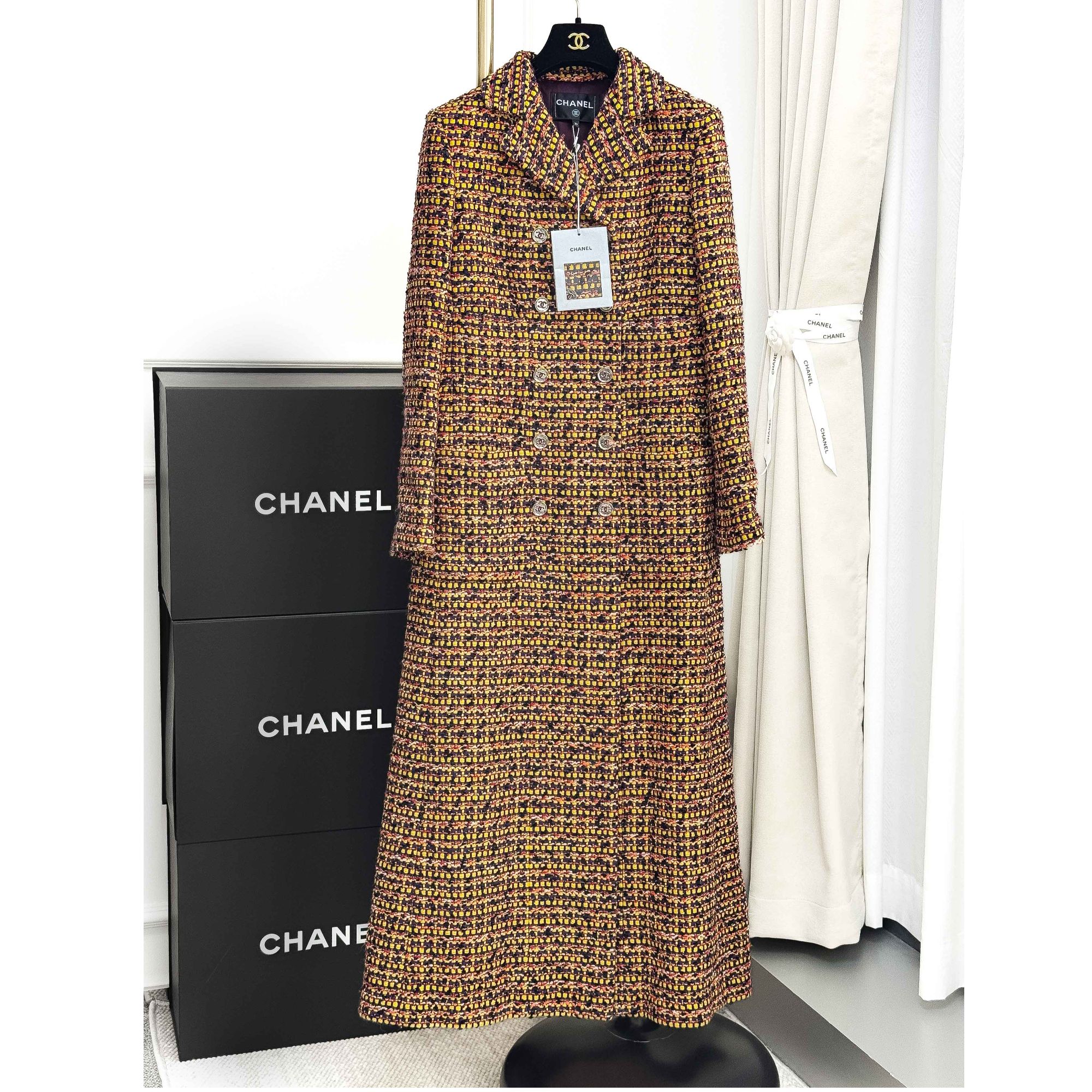 99新 Chanel/香奈儿 38码23A达喀尔系列黄色混色编织长款大衣