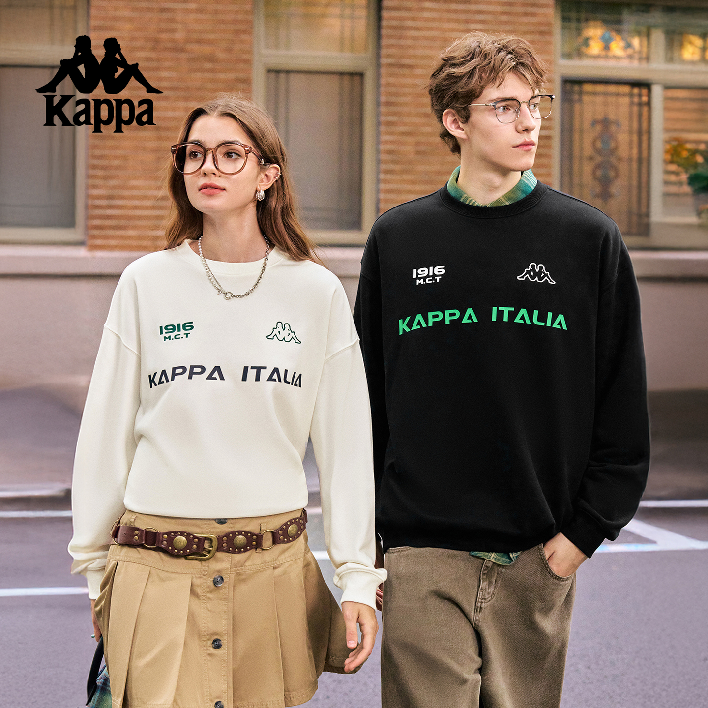 Kappa/卡帕圆领长袖宽松情侣印花百搭T恤抗皱针织秋冬