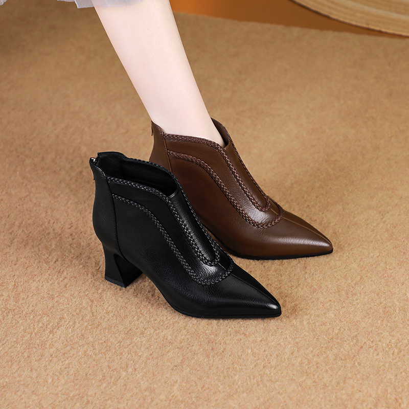 【高定】新款/牛皮34-42/9695尖头粗跟百搭舒适短靴女靴