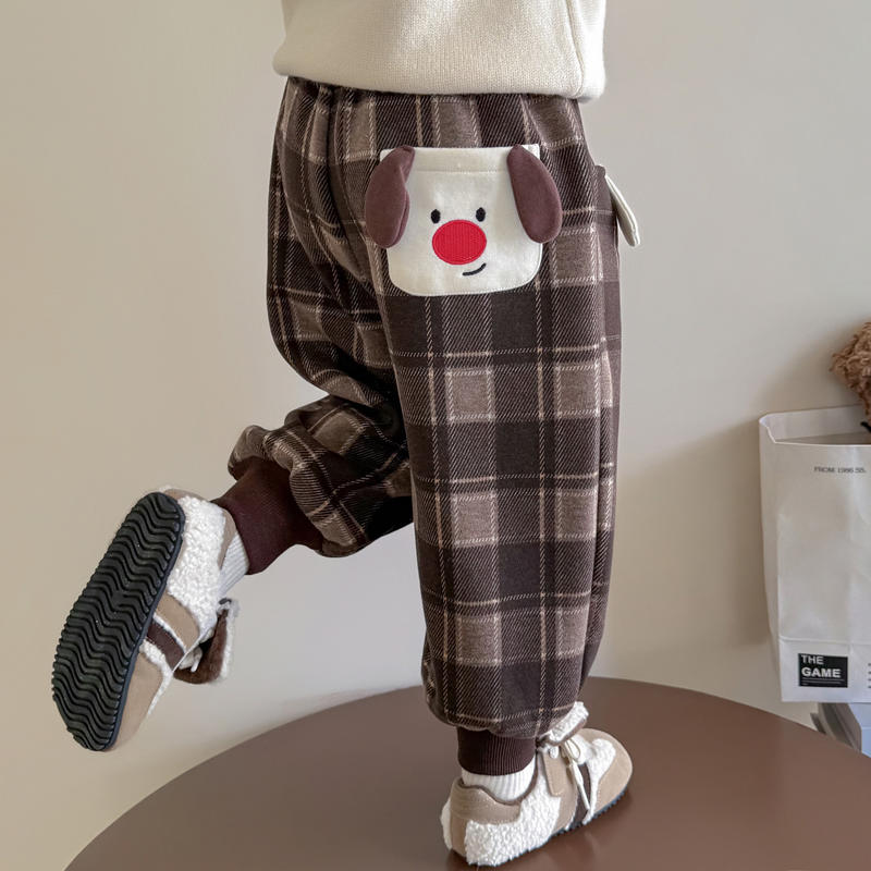 女童加绒裤子秋冬2025新款宝宝格子卫裤一体绒长裤冬装儿童束脚裤