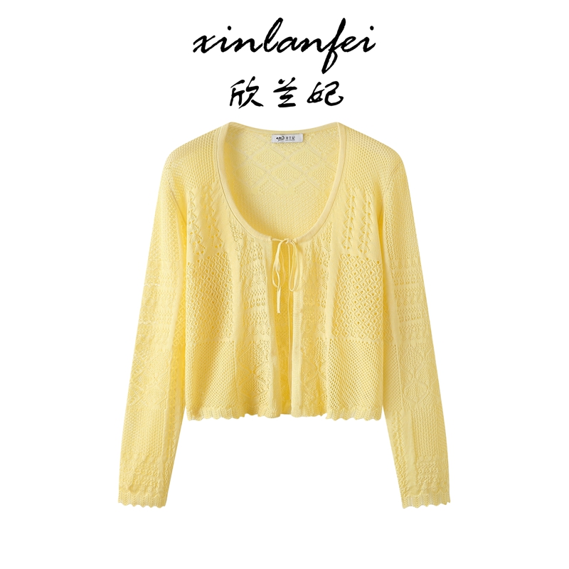 XINLANFEI/欣兰妃夏季新款V领镂空针织开衫女薄款披肩上衣气质女