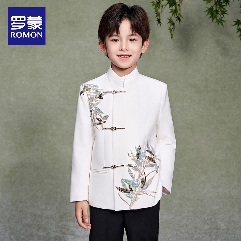 Romon/罗蒙男童西装套装白色中山装小主持人国风唐装钢琴演出服