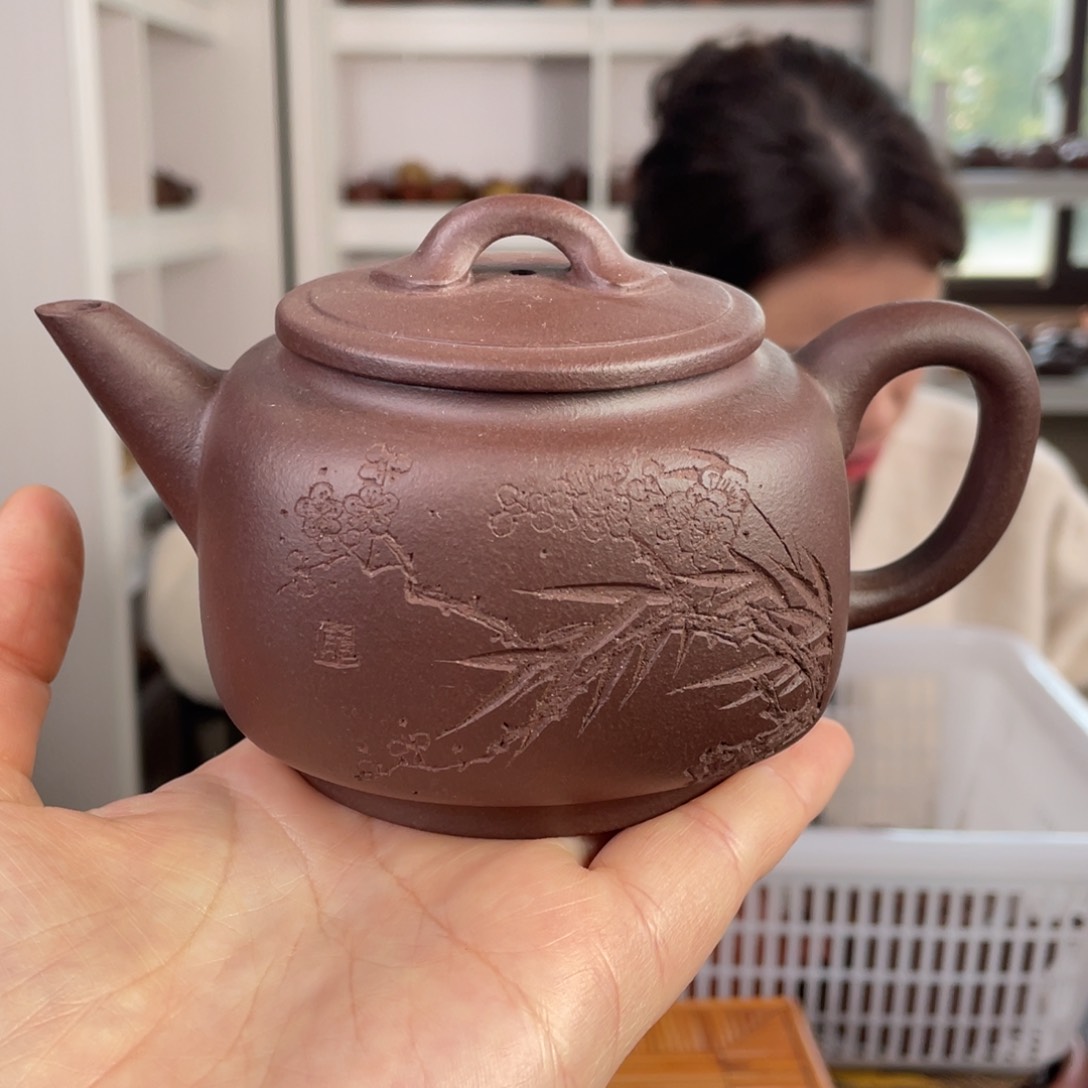 紫砂茶壶紫泥刻绘四方240cc