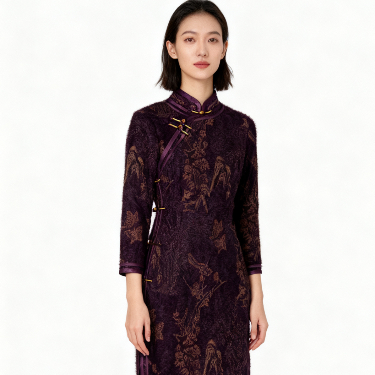 9662-紫色旗袍新中式2025秋季新款七分袖长款旗袍年轻款显瘦复古
