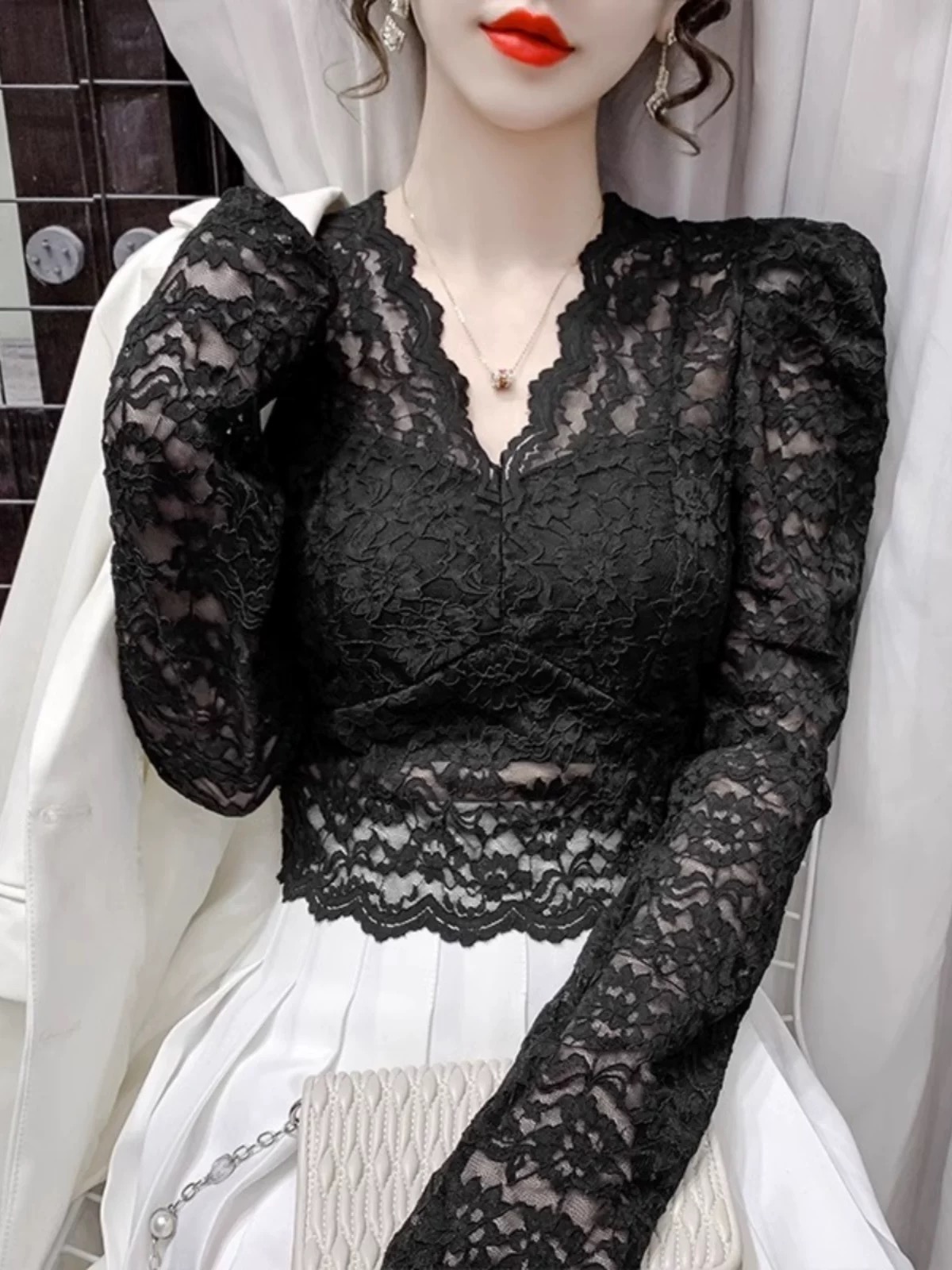 【9325】T#时尚百搭蕾丝V领修身上衣