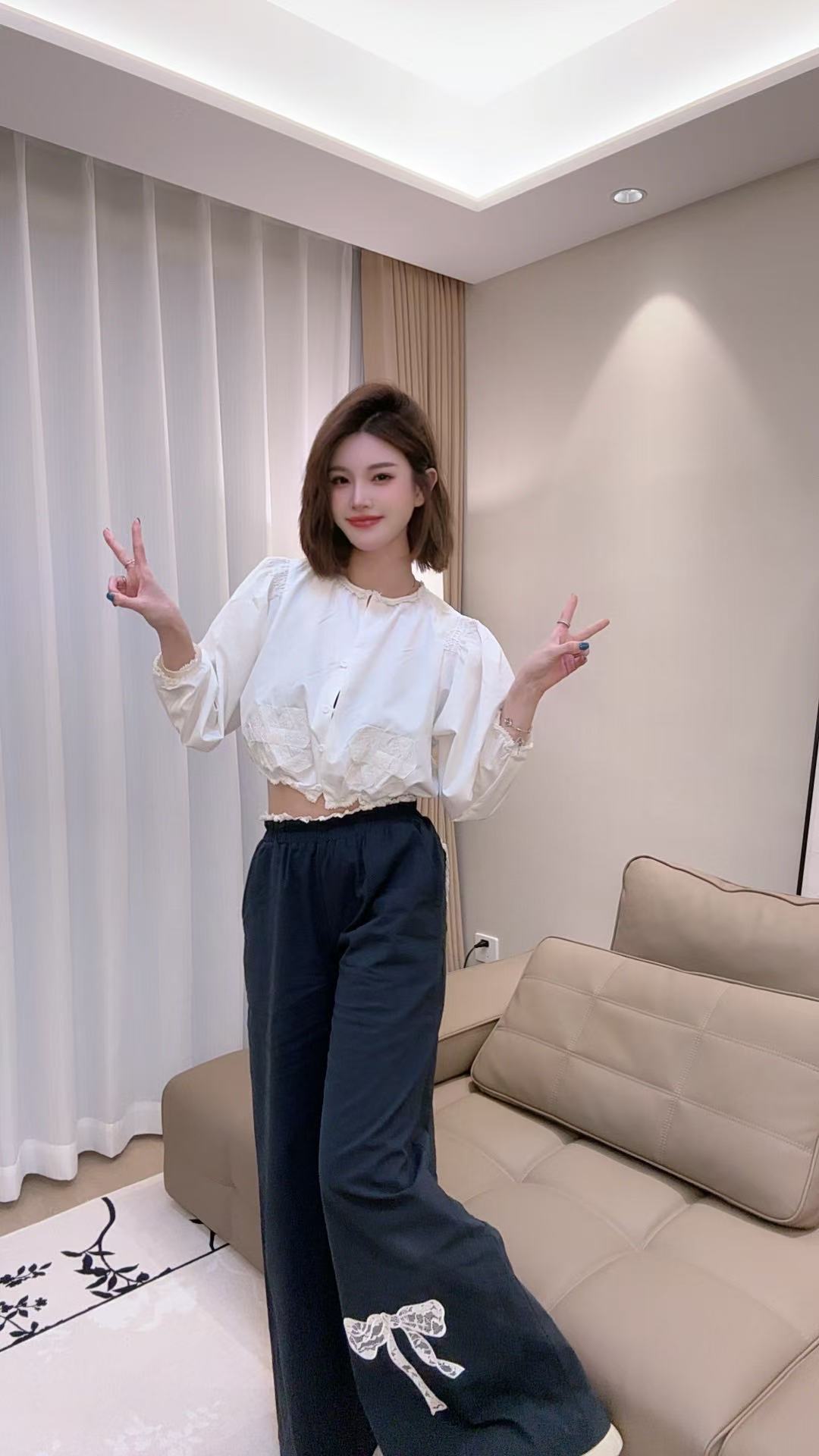 SSRUAN Jennie日记蕾丝刺绣韩系衬衫长袖上衣高腰阔腿直筒遛弯裤