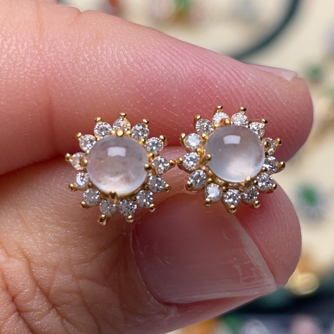 翡翠耳饰银S925镶嵌纯天然缅甸翡翠