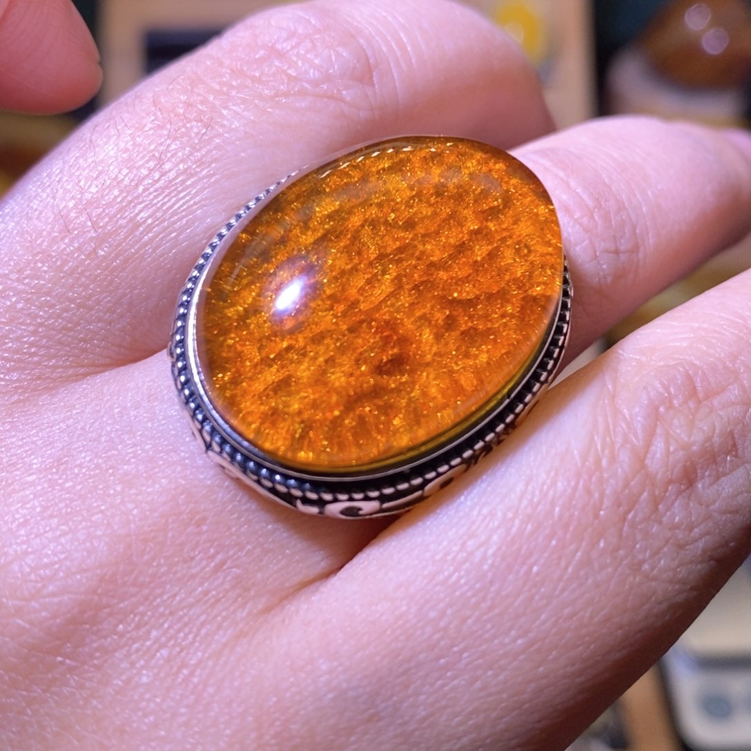 琥珀戒指银S925镶嵌原***师