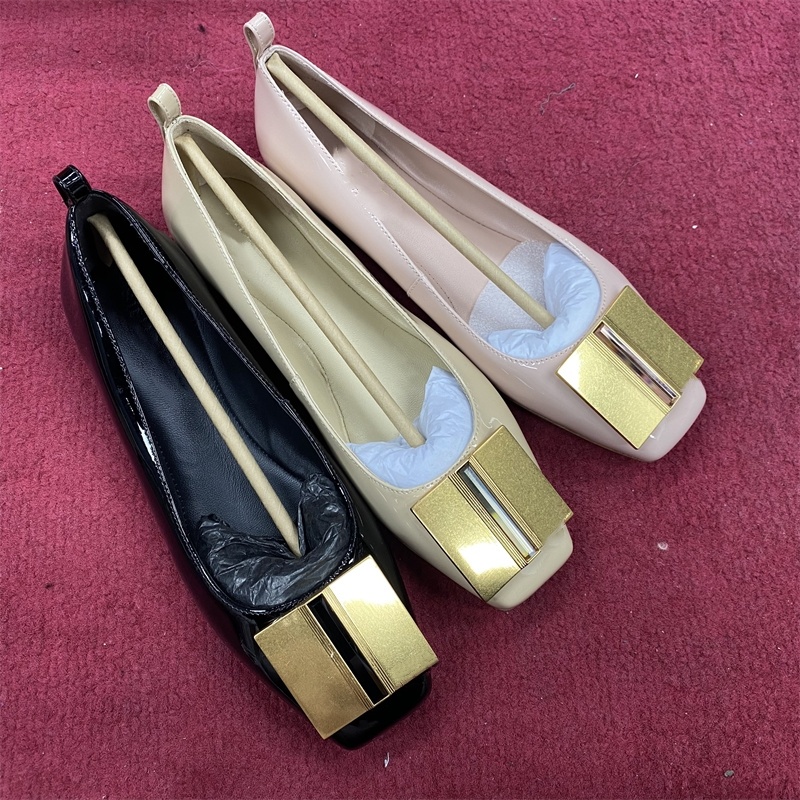 24年新款女鞋方头平底鞋气质女士百搭方扣浅口跟鞋