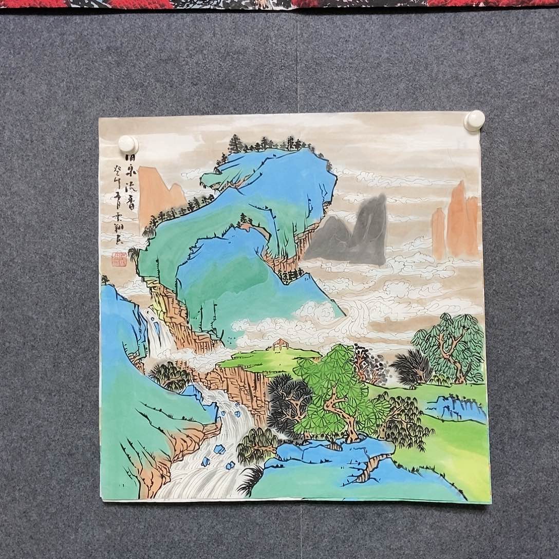 国画四尺斗方山水一副
