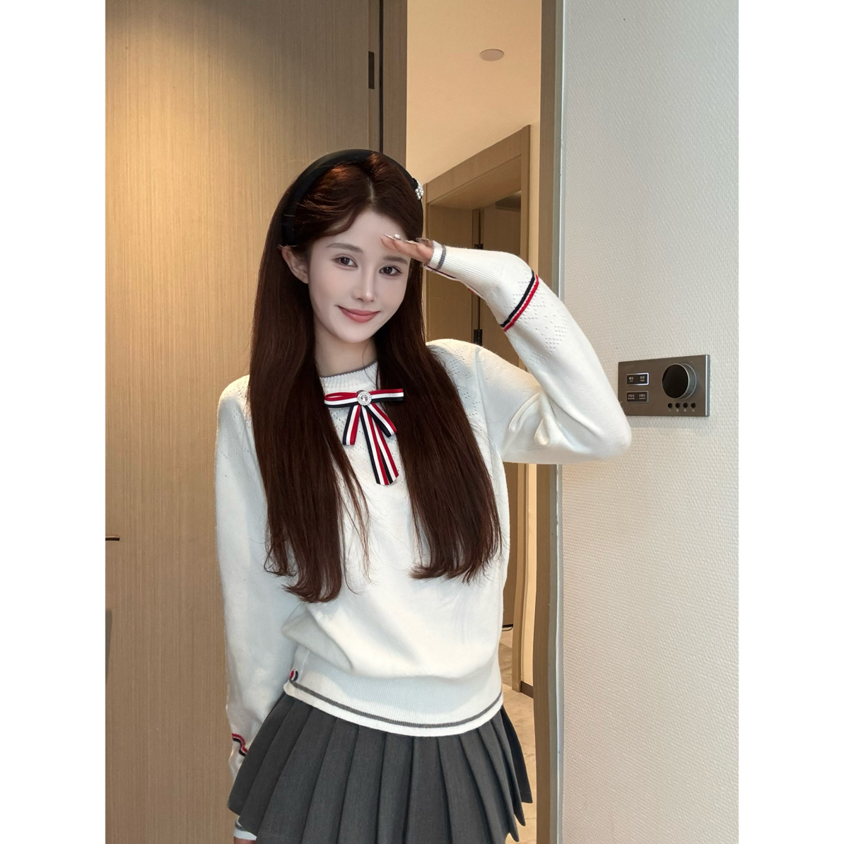 【SALE服饰】长袖白色针织毛针织衫蝴蝶结百搭冬季秋季包袖蝴蝶