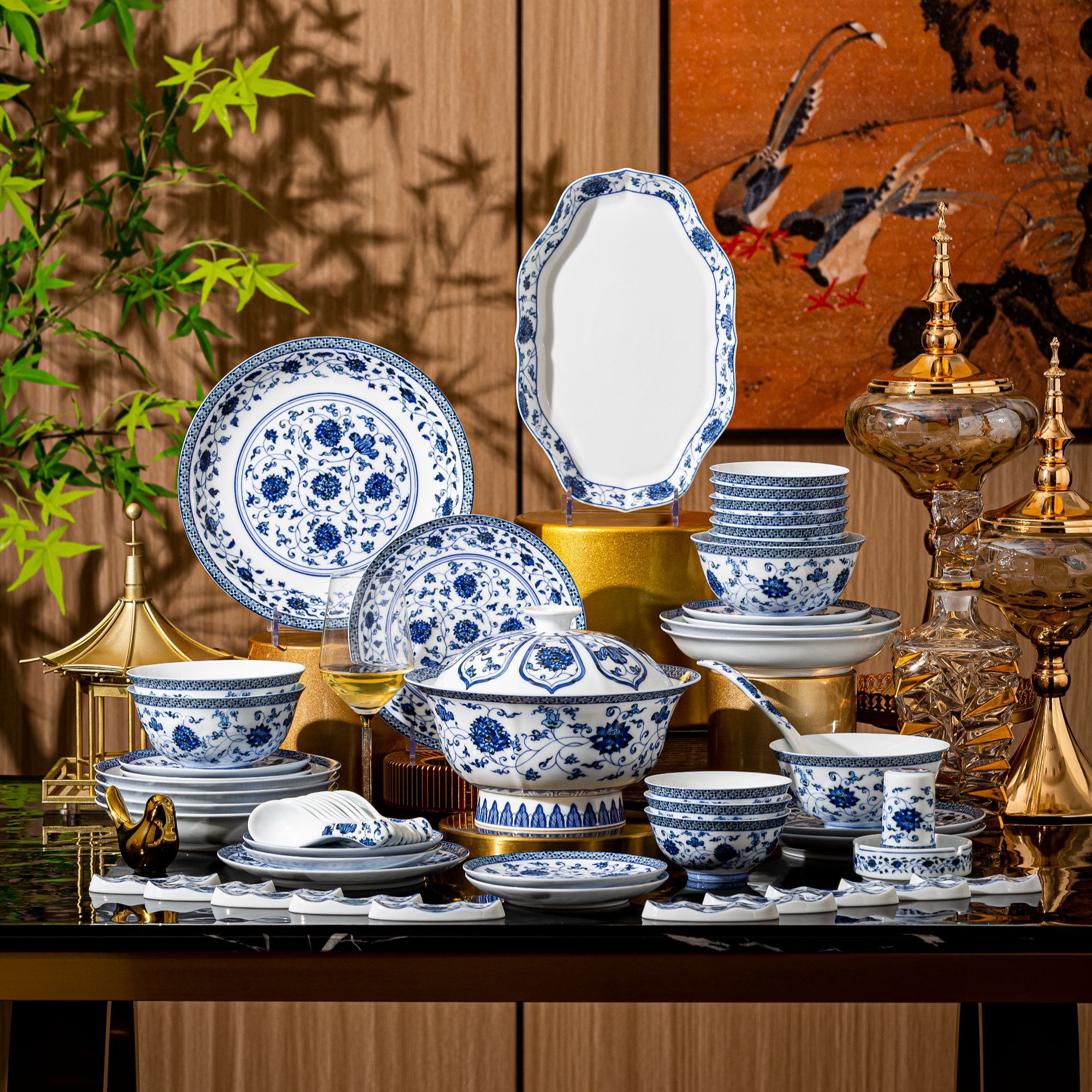 【青花缠枝莲】60头景德镇高白泥青花餐具套组自用送礼热销中式碗盘