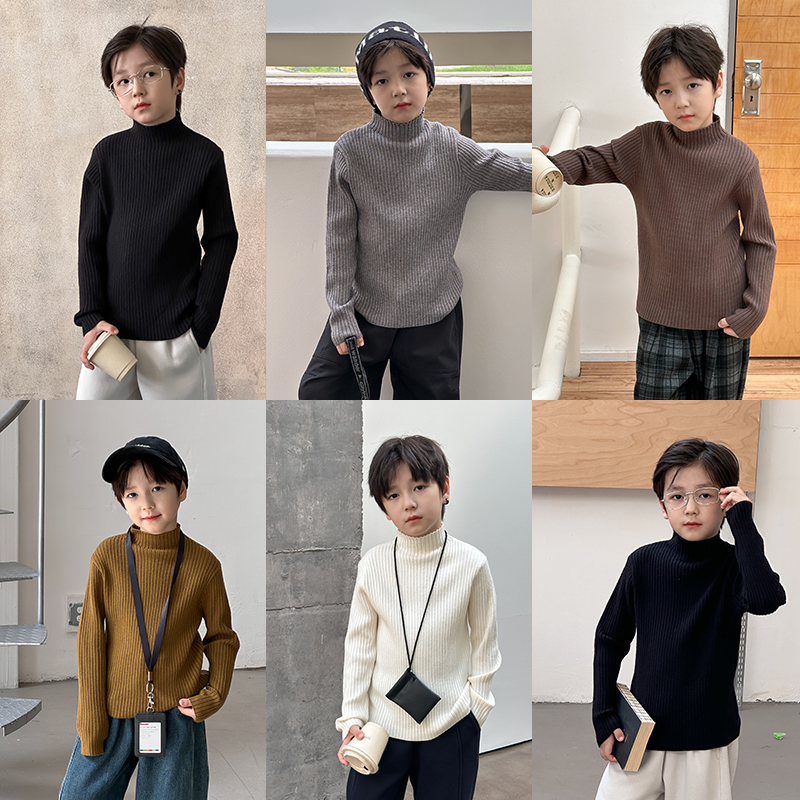 【依妈家】上新儿童冬加厚针织衫男童高弹坑条中领保暖毛衣潮25H177