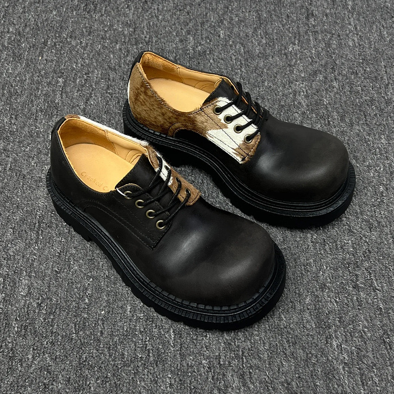  马毛德比鞋男女同款牛奶鸳鸯小皮鞋系带粗跟厚底软皮单鞋休