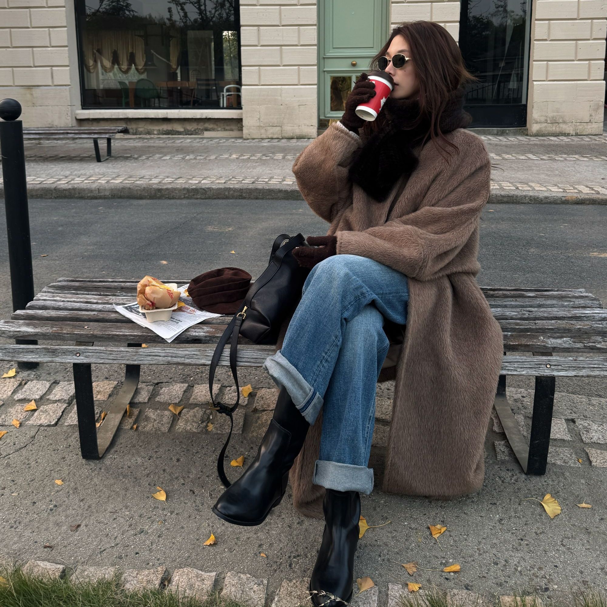 R-HER【雅棕长奢】苏力羊毛方领棕色系立翻领长款毛呢外套RW5NC0767