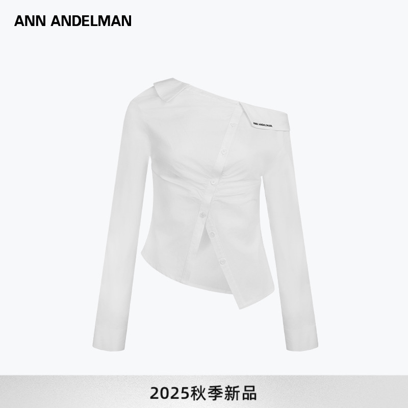ANN ANDELMAN长袖白衬衫女上衣秋斜领露肩收腰开襟解构衬衣流光风