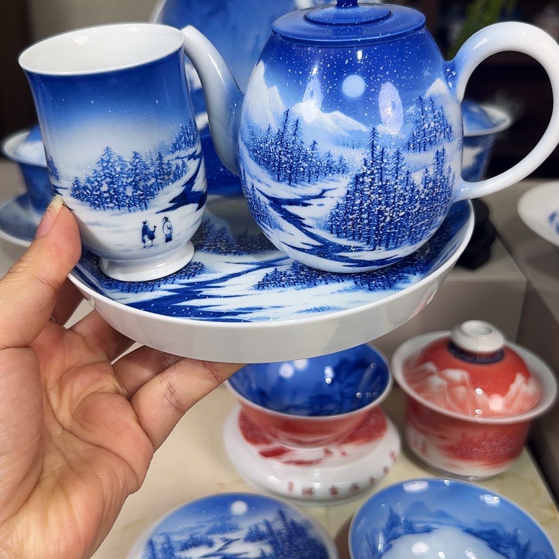 青花山水雪景四件套