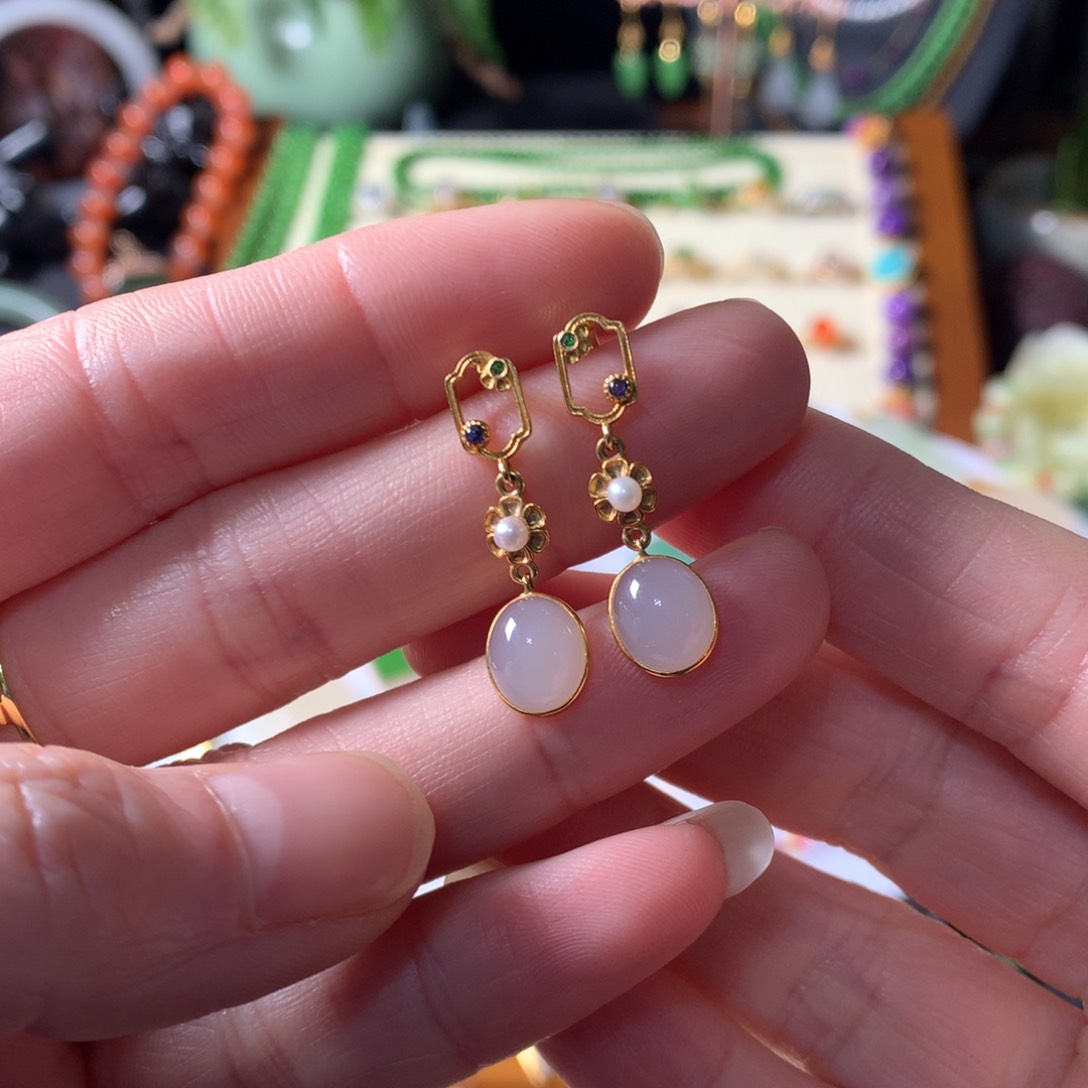 和田玉耳饰18K金镶嵌甜*SL0002