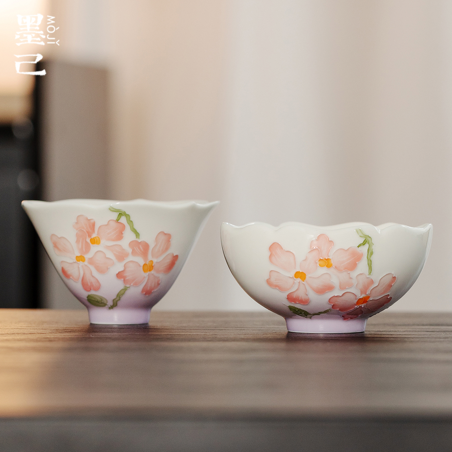 墨己玉泥有田烧紫韵蝶兰家用陶瓷花口主人杯功夫茶具茶杯品茗杯