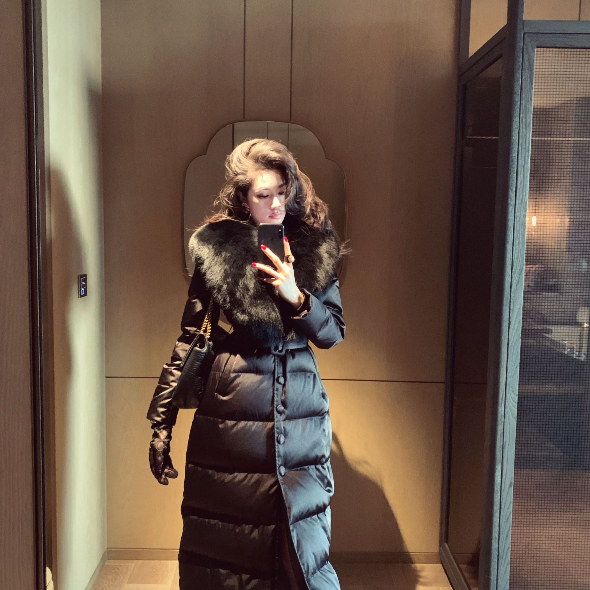 金南一保暖天然狐狸毛桑蚕丝长款长袖白鹅绒羽绒服0200111253