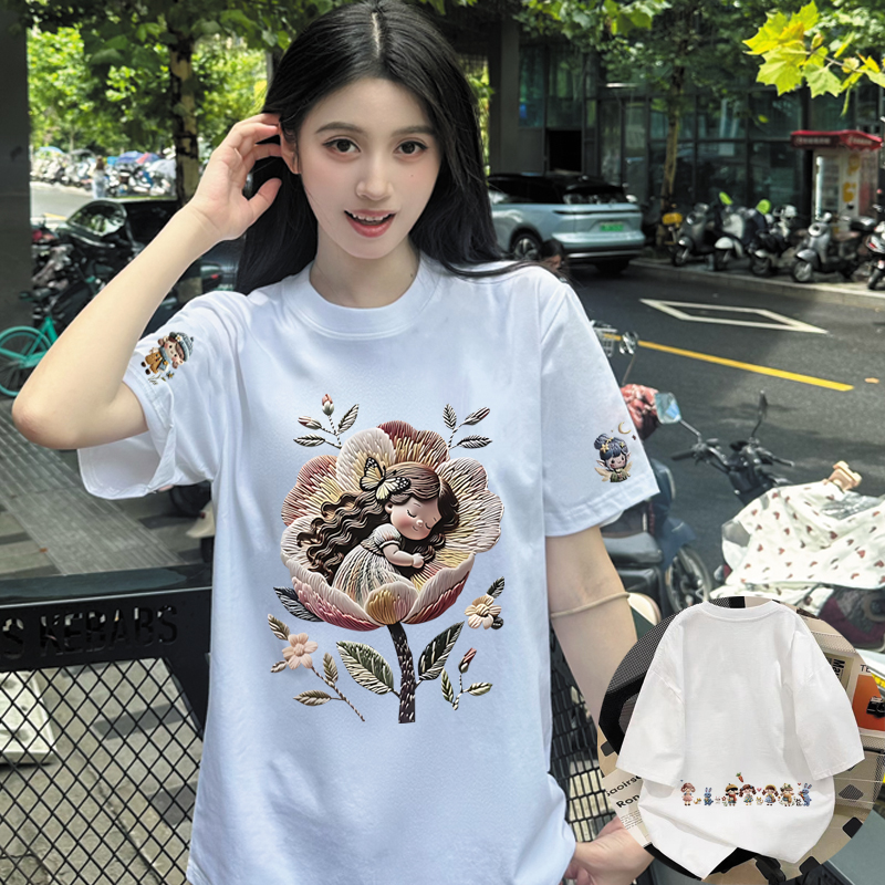 常规短袖圆领插肩袖女常规款T恤时尚打底印花韩版ins