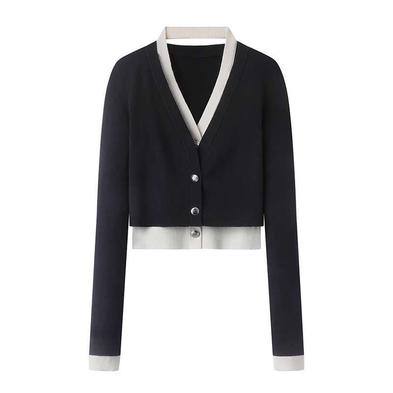 商场同款2025春新款V领假两件长袖针织开衫毛衣上衣50218132