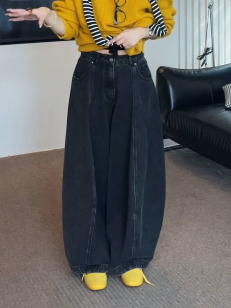 美式复古辣妹设计感水洗黑弯刀廓形牛仔裤子女做旧阔腿宽松拖地裤