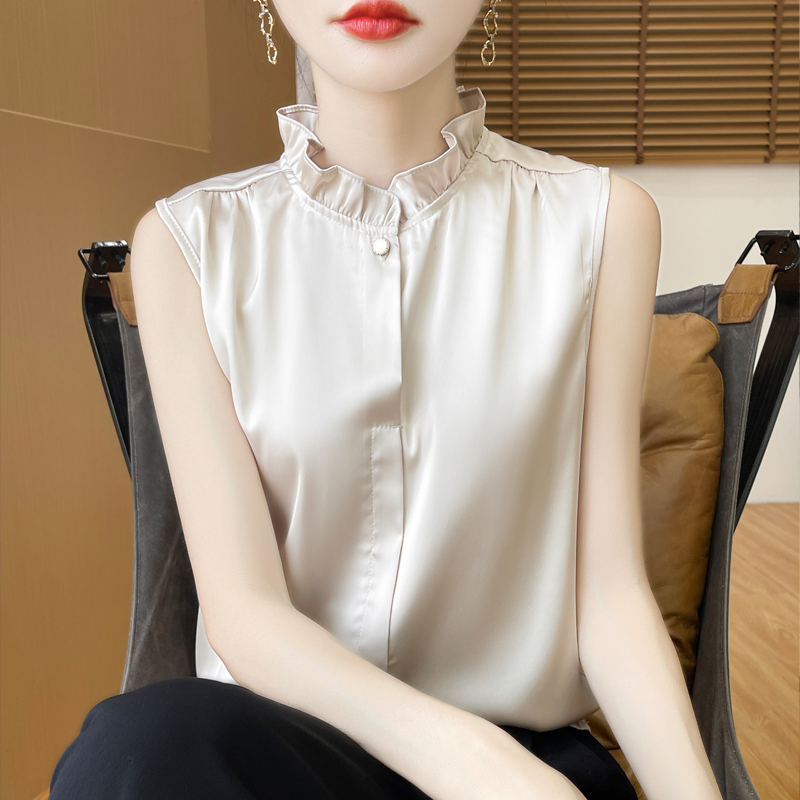 秋季中式醋酸缎面无袖衬衫女内搭衬衣背心打底新款风木耳领上衣