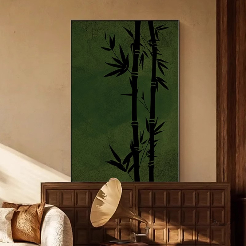 南洋风墨竹客厅装饰画绿色复古沙发背景墙风玄关挂画