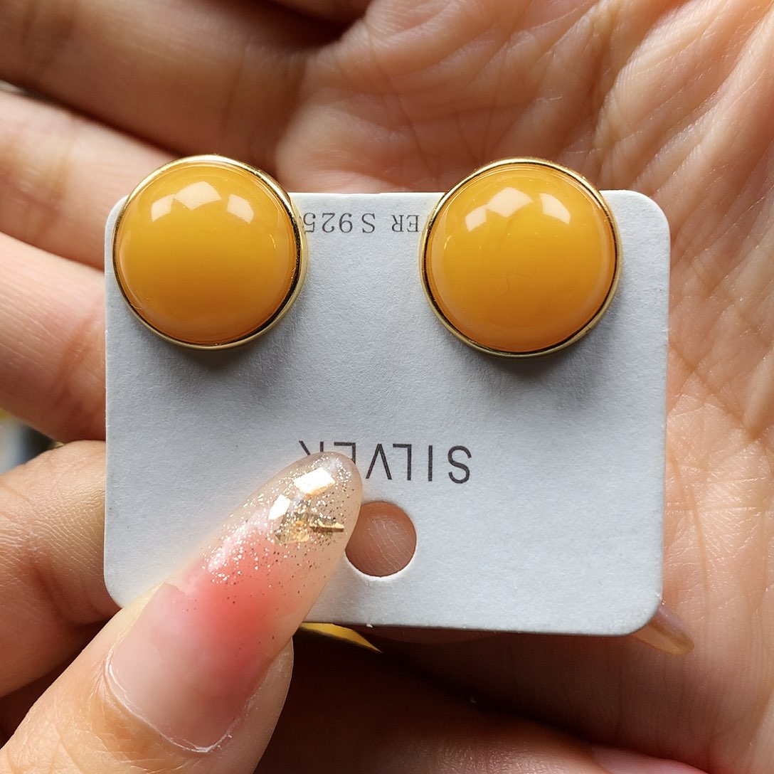 蜜蜡耳饰银S925镶嵌耳钉