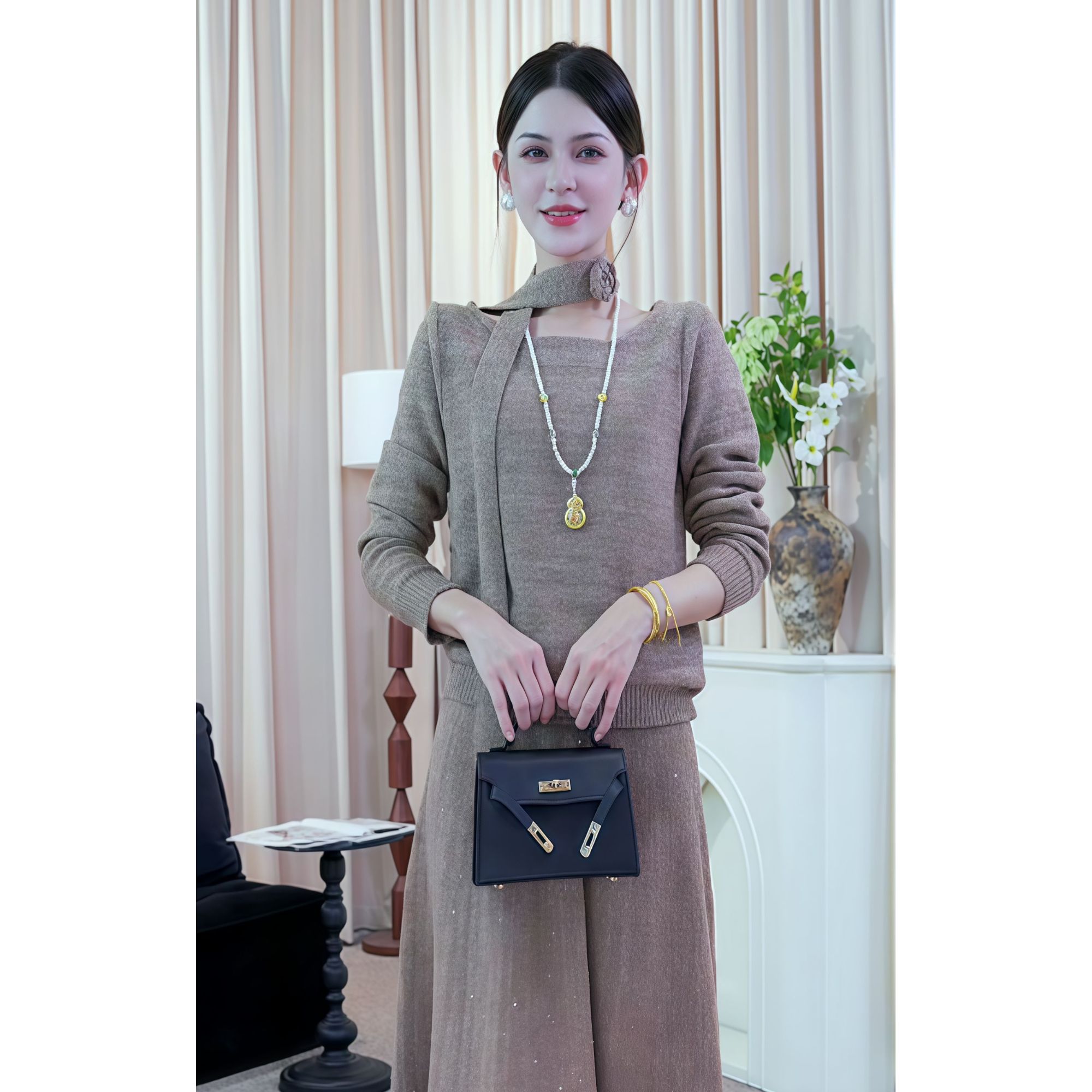 千金风圆领飘带装饰针织衫女收腰针织半身裙套装女