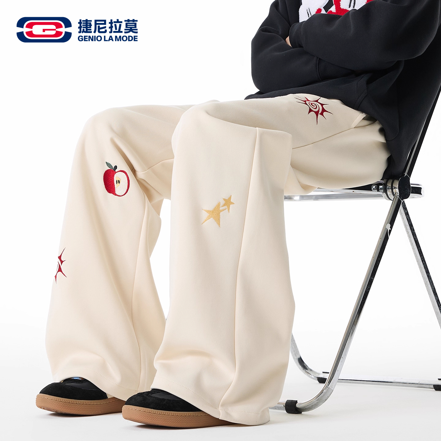 【敖瑞鹏代言】GENIOLAMODE图案设计刺绣男士秋冬直筒宽松运动卫裤