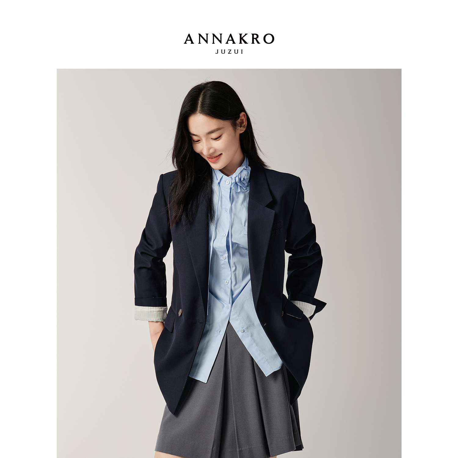 【安雅专属】玖姿安娜蔻KWFQ40204单排扣驳领西装外套女2025秋新款