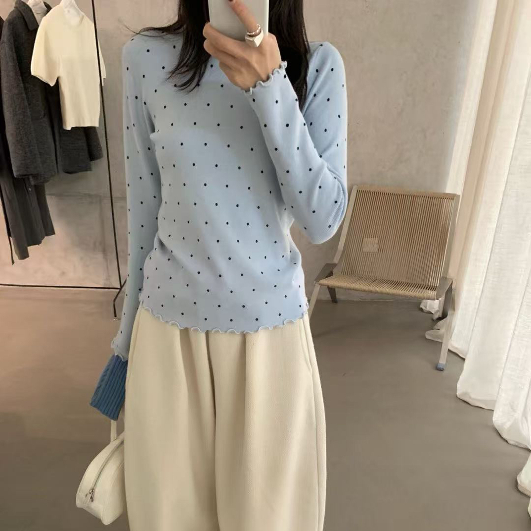 lovely@m3917 韩系甜美木耳边波点一体绒打底衫 12-15