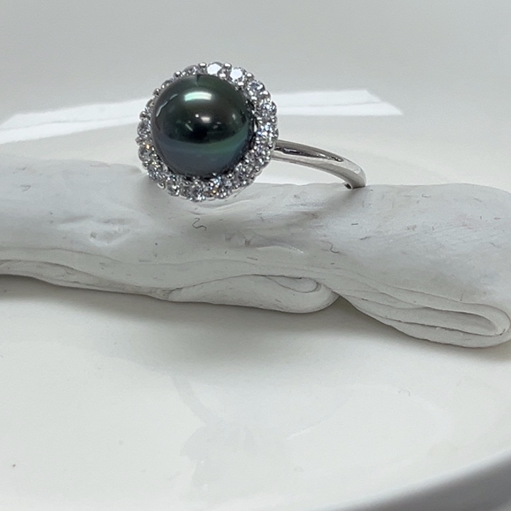 海水珍珠戒圈银S925镶嵌大溪地 8-9mm 23号