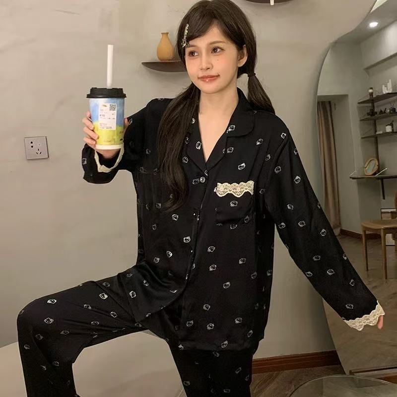 【A】秋季新款长袖睡衣ins网红韩版宽松高品质冰丝家居服女套装