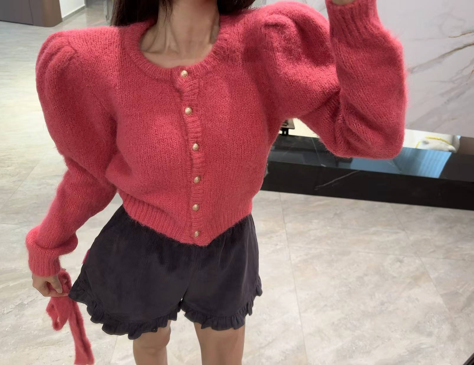 【耀眼女主】原单订制花边短裤裙 飘带小香风泡泡袖开衫外套上衣