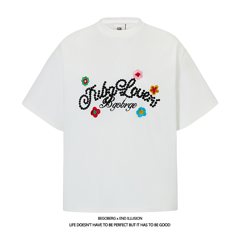 拔尖儿美式复古国潮牌立体刺绣花朵字母短袖T恤男女夏季情侣装TEE