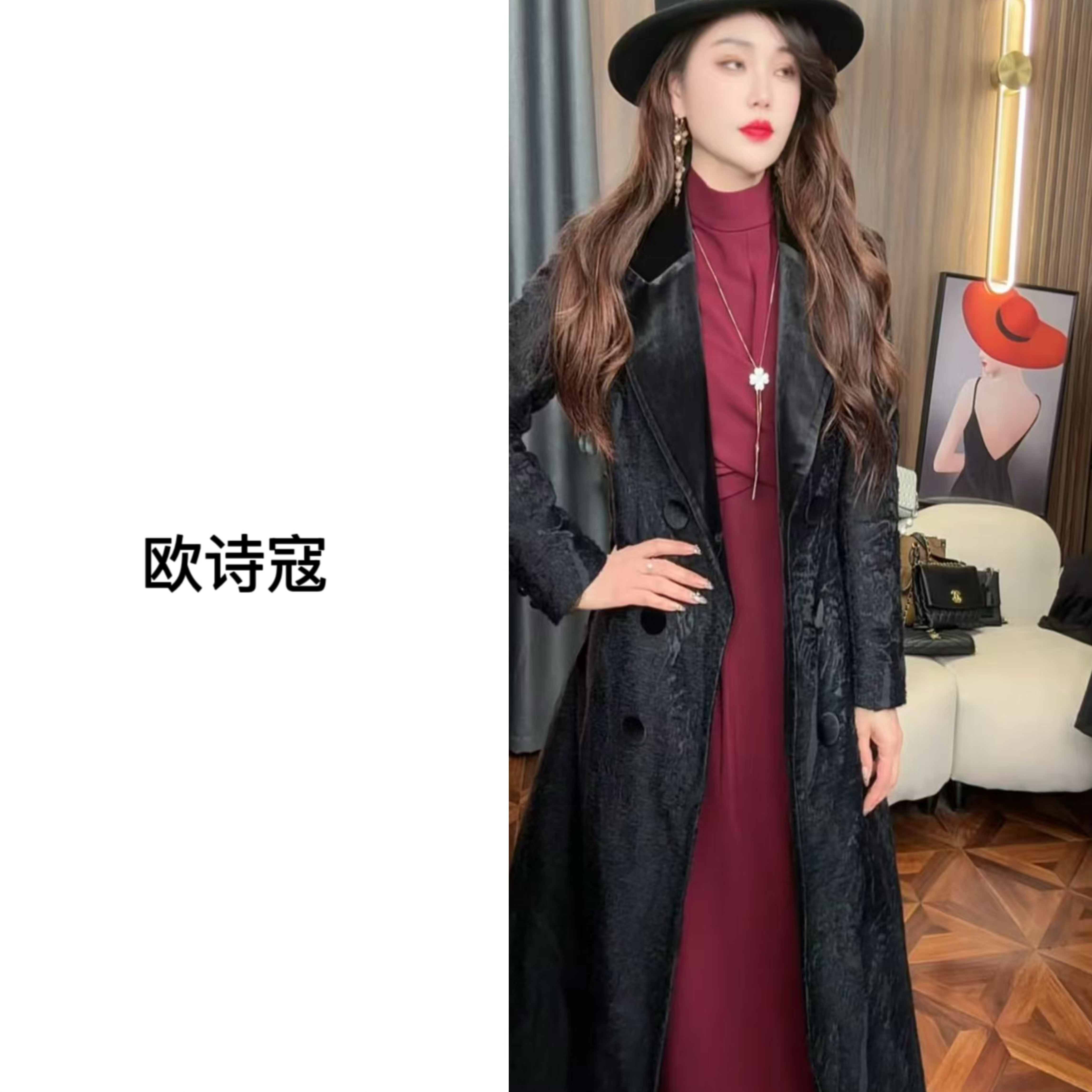 3537气质雪尼尔翻领中长款大衣秋冬季显瘦百搭加棉大衣