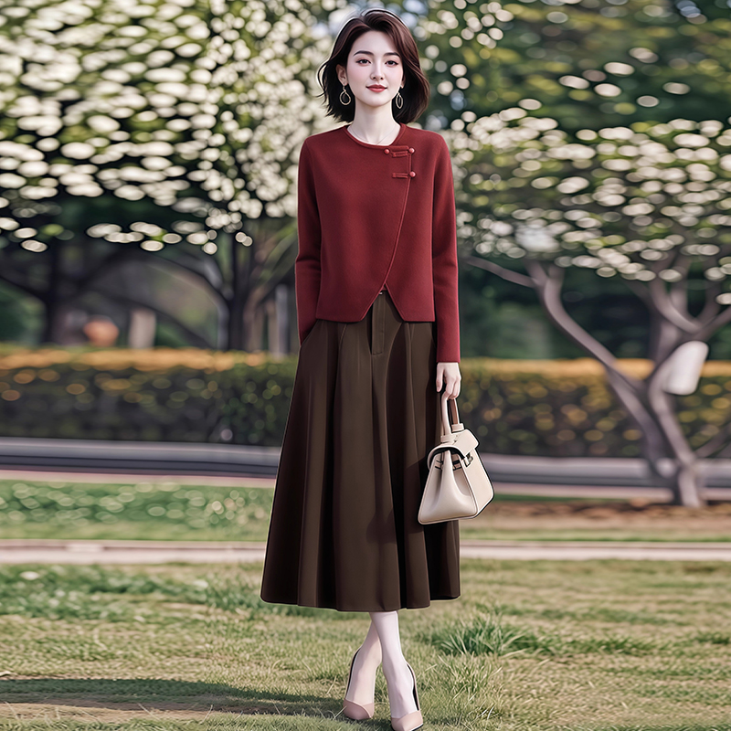 设计感不规则新中式盘扣针织衫上衣女2025春秋新款气质半身裙套装