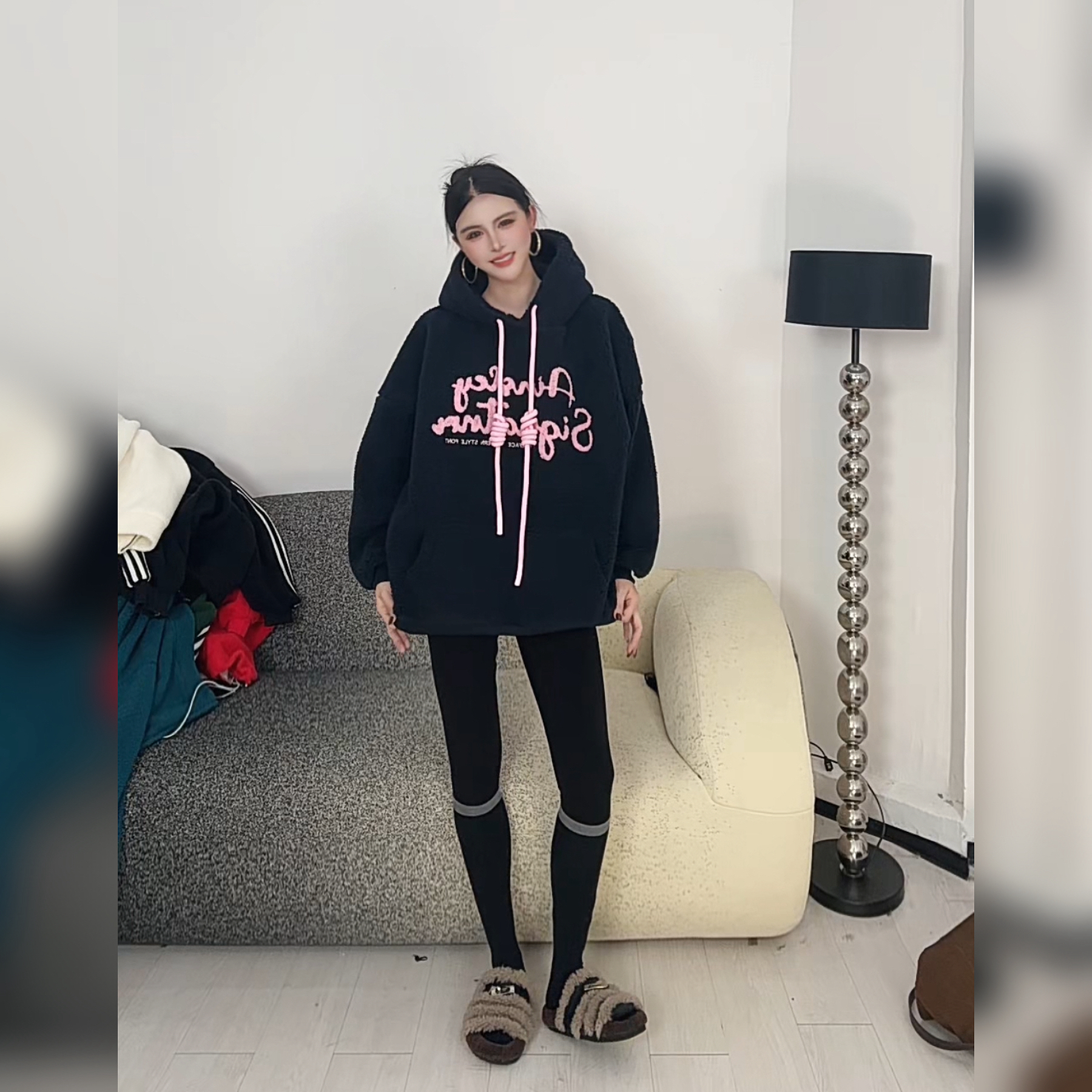 吴大大-摇粒绒字母刺绣连帽卫衣女加绒加厚宽松韩版百搭上衣潮